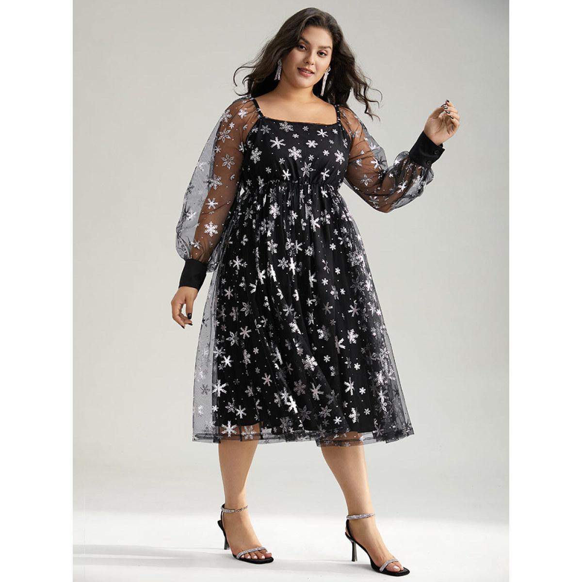 Plus Size Christmas Snowflake Glitter Mesh Square Neck Dress Black Women Party Gathered Square Neck Long Sleeve Curvy Midi Dress BloomChic 14-16/1X Product Image