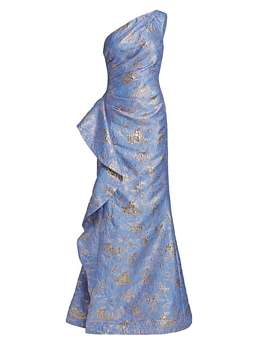 Metallic Jacquard One-Shoulder Side-Ruffle Gown Product Image