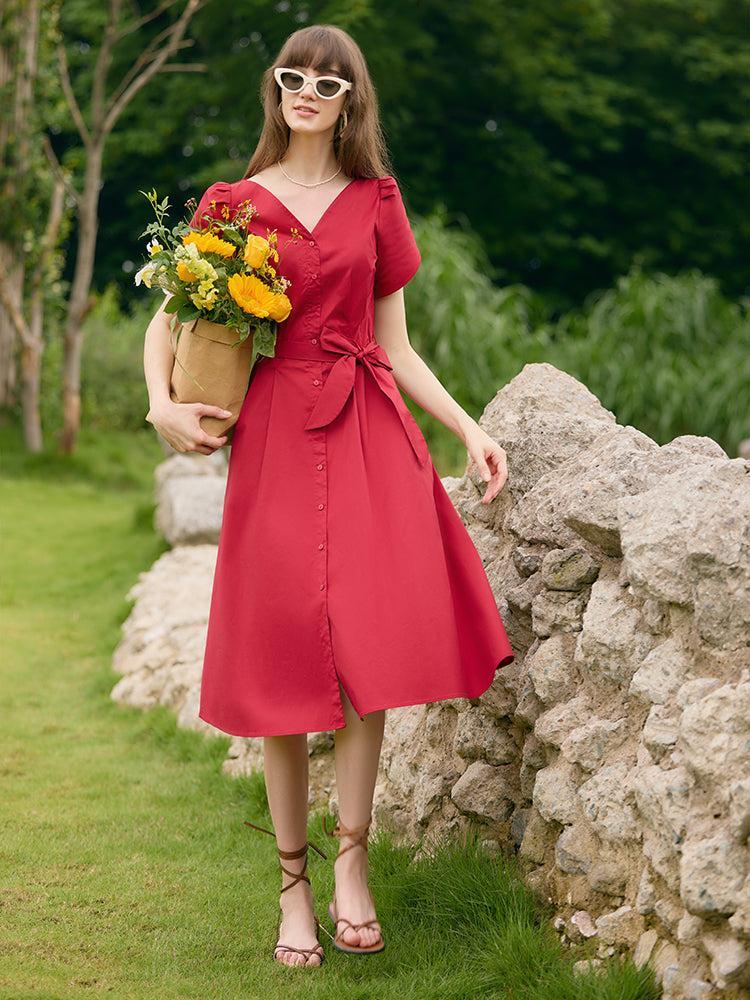 Petal Sleeves Gathered Waist V-Neck Women Midi Dress With Belt Product Image