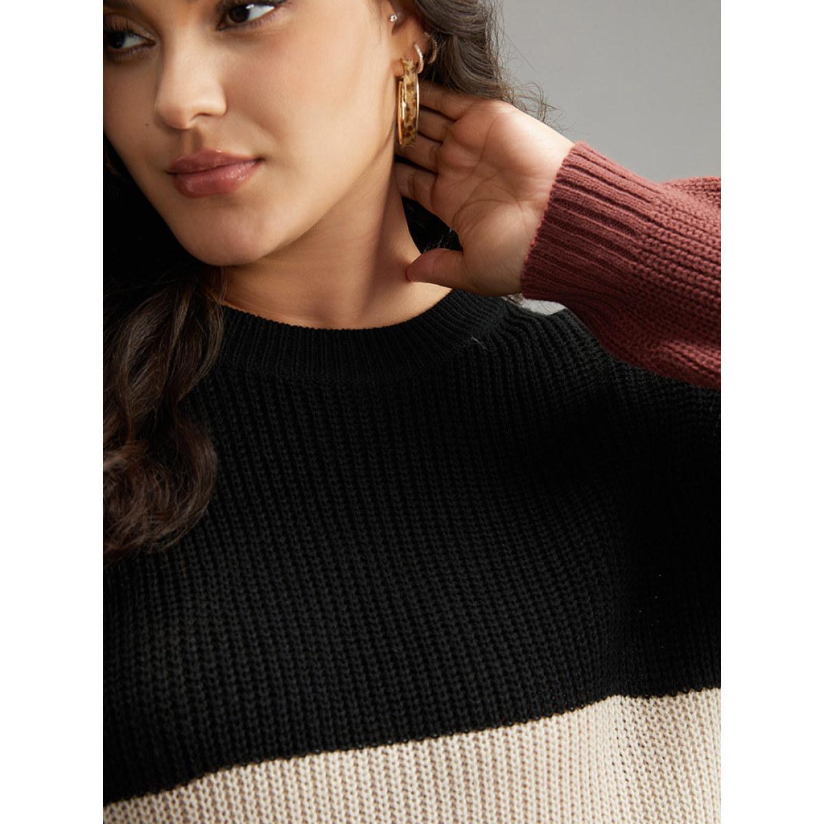 Plus Size Colorblock Contrast Crew Neck Pullover Multicolor Women Casual Loose Long Sleeve Round Neck Dailywear Pullovers BloomChic 28/5X Product Image