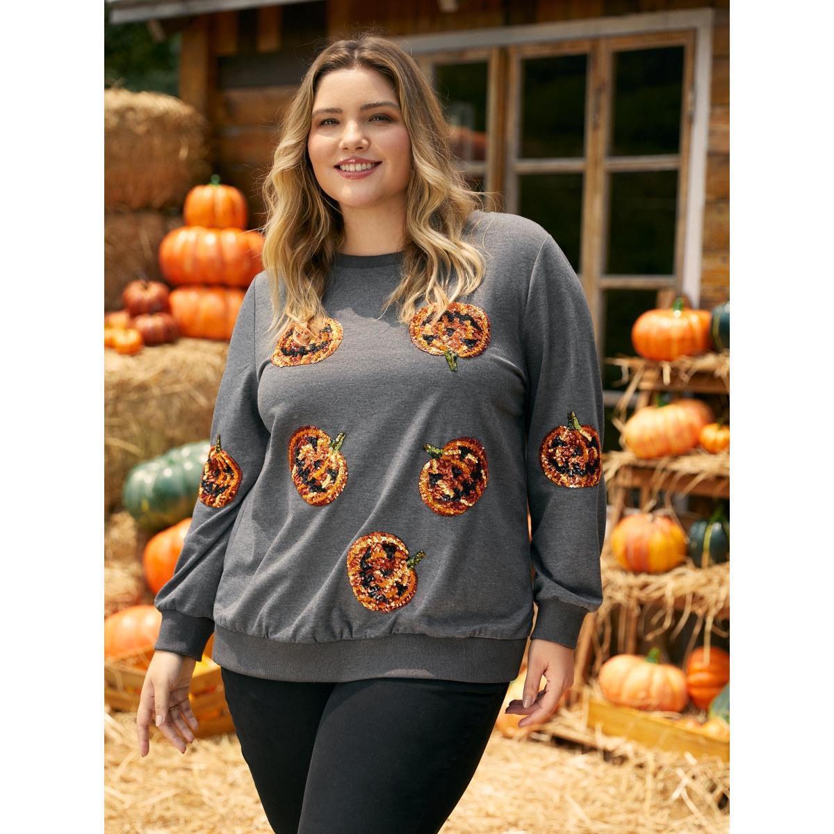 Plus Size Jack-O-Lantern Sequin Sweatshirt Women DimGray Casual Contrast Loose Round Neck Everyday Sweatshirts BloomChic 28/5X Product Image