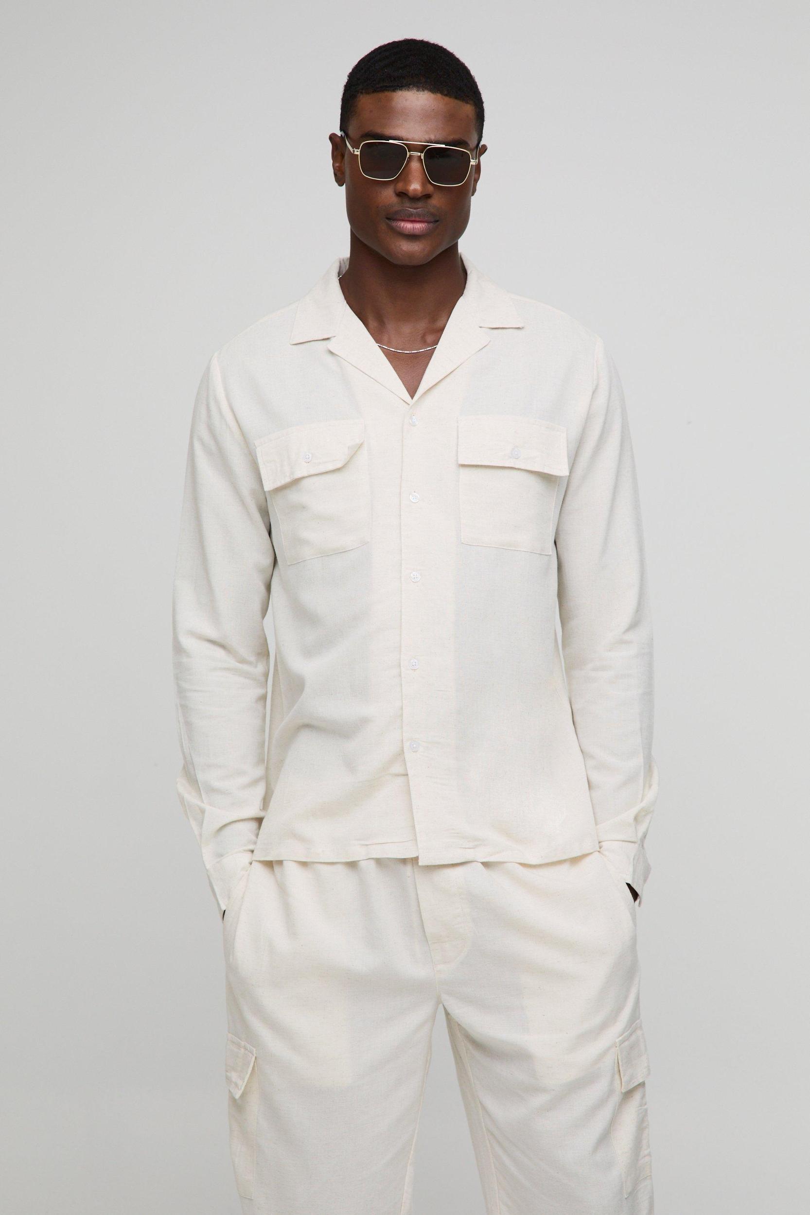 Long Sleeve Linen Blend Cargo Shirt & Pants | boohooMAN USA Product Image