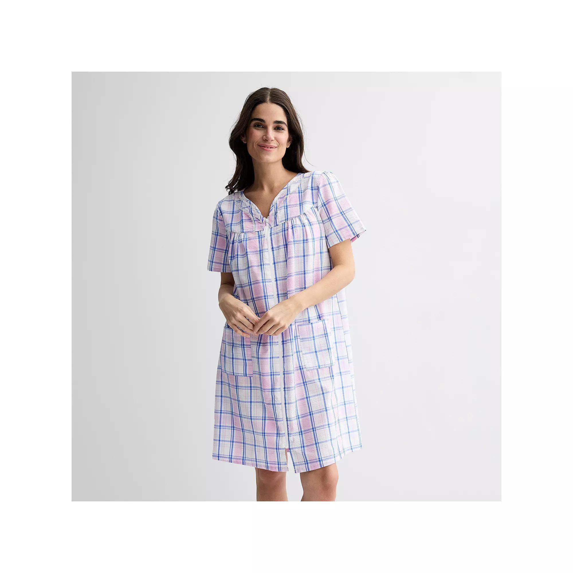 Women's Croft & Barrow® Woven Zip Short Robe, Size: Medium, Summer Plaid Pink Product Image