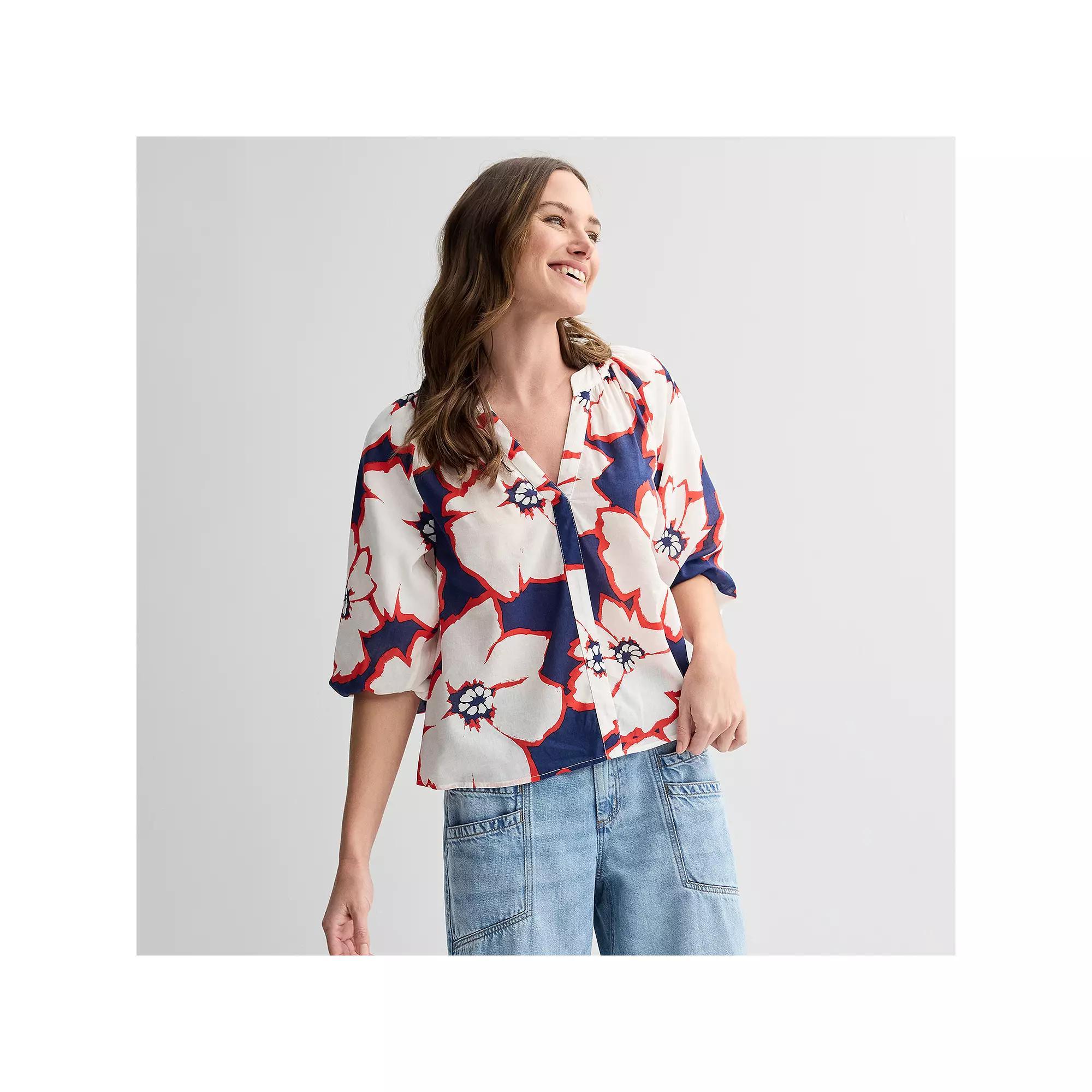 Women's Sonoma Goods For Life® Shirred Balloon Sleeve Y-Neck Top, Size: Large, Blue Brush Floral Product Image