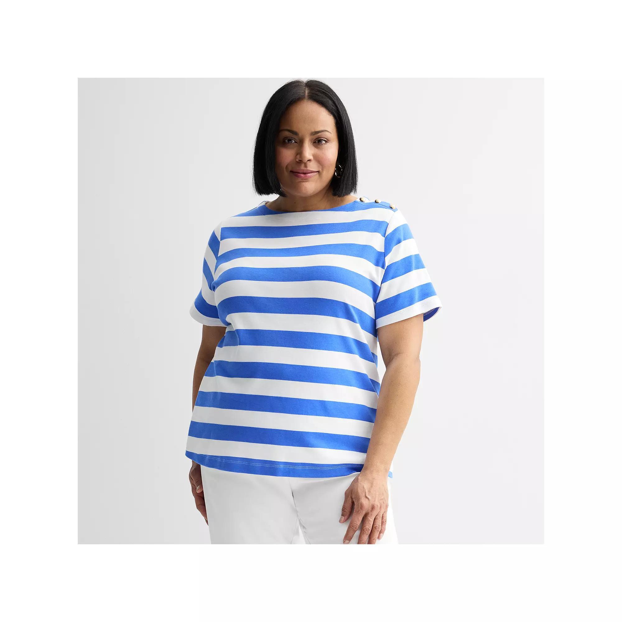 Plus Size Croft & Barrow® Button Shoulder Tee, Women's, Size: 1XL, Blue Clean Stripe Product Image