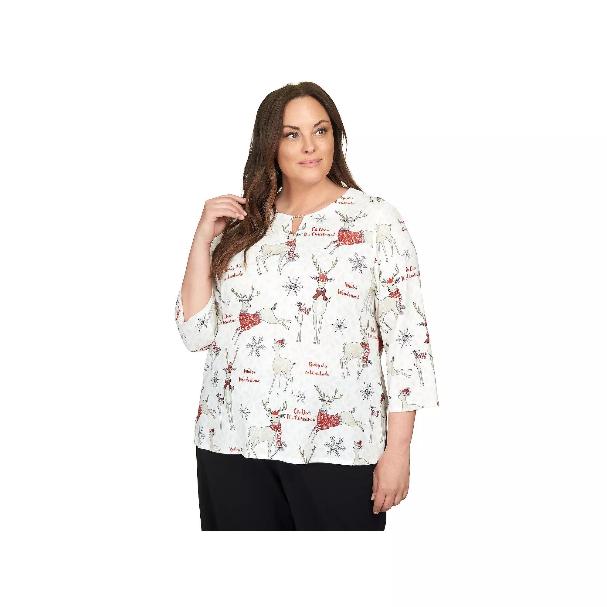 Plus Size Alfred Dunner Classic Deer Split Neck Top, Women's, Size: 1XL, Multi Neutral Product Image