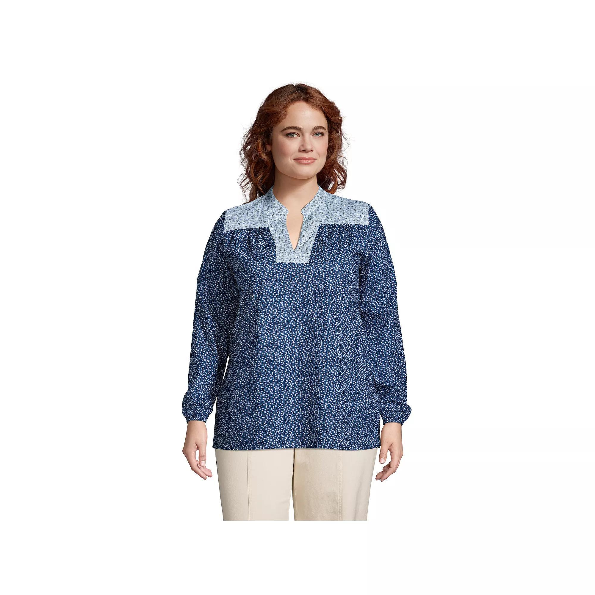 Plus Size Lands End Poplin Peasant Top, Womens Deep Blue Dot Star Product Image