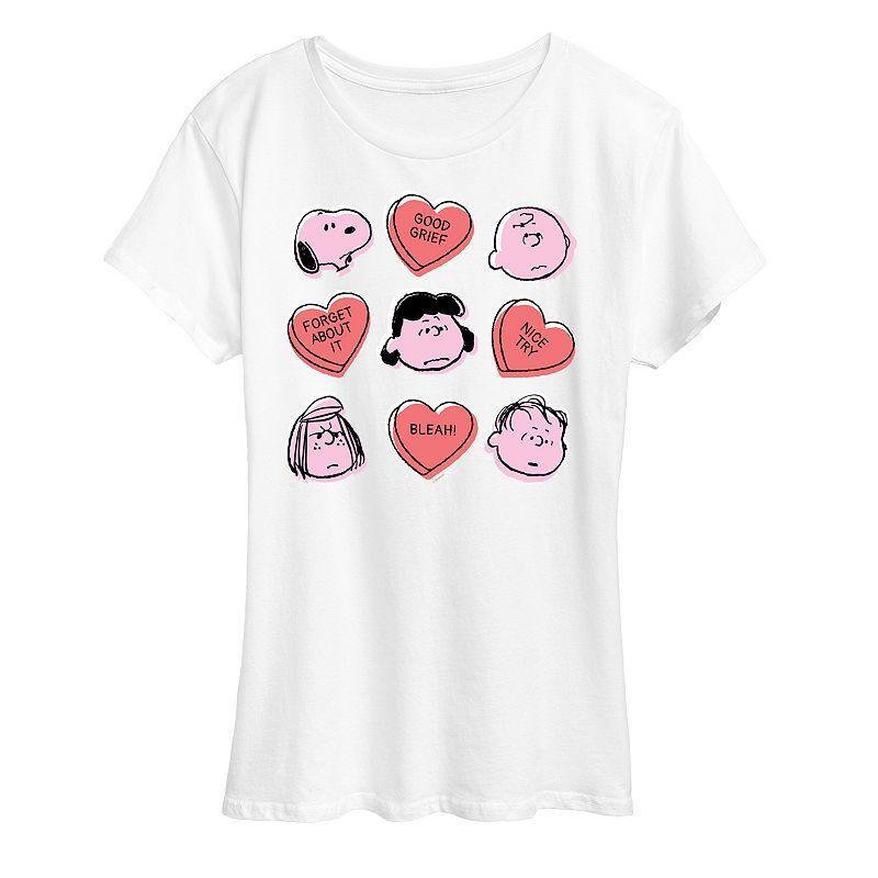 Women's Peanuts Valentine's Candy Heart Grid Graphic Tee, Size: Medium, Grey Wine Product Image