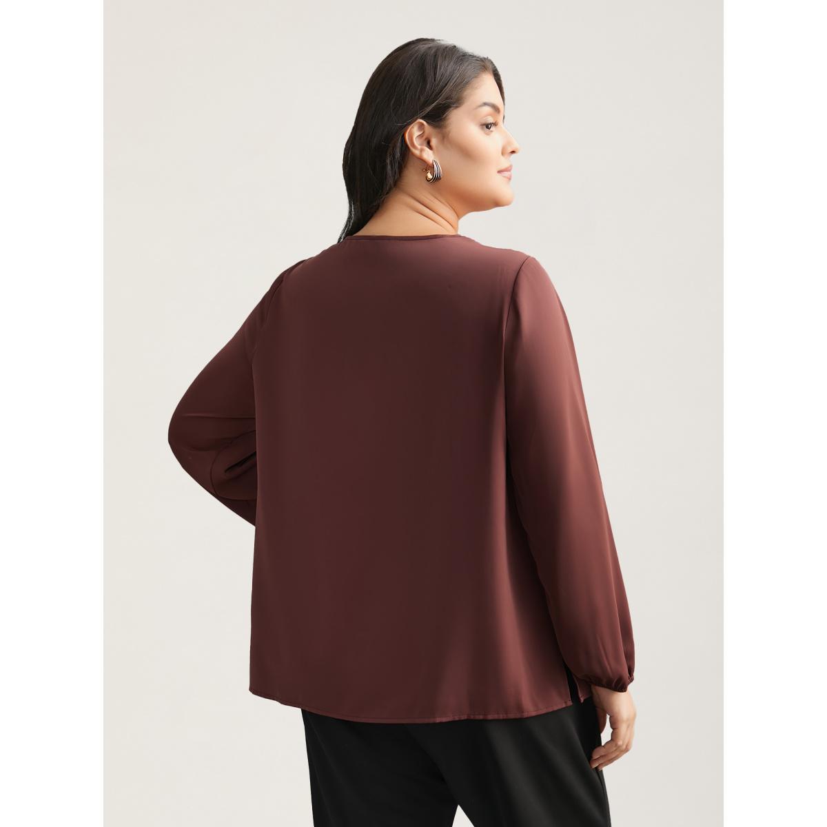 Plus Size Browncoffeecolor Solid Crew Neck Lantern Sleeve Blouse Women At the Office Long Sleeve Round Neck Work Blouses BloomChic 30/6X Product Image