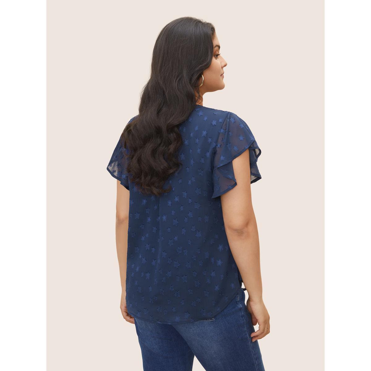 Plus Size Indigo Star Mesh Gathered Ruffle Sleeve Blouse Women Elegant Cap Sleeve V-neck Everyday Blouses BloomChic 22-24/3X Product Image