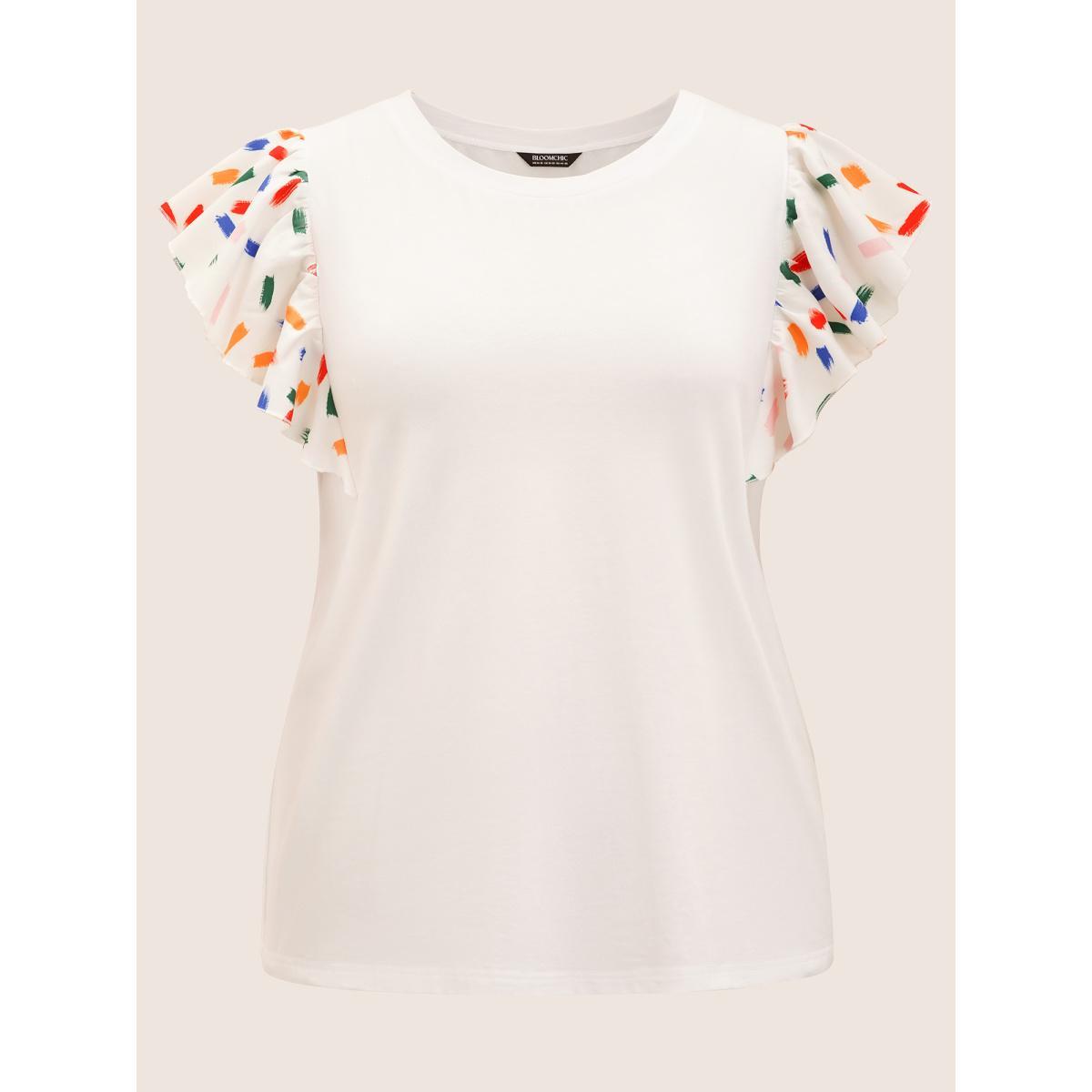 Plus Size Colored Brush Print Ruffle Cap Sleeve T-shirt Originalwhite Women Casual Contrast Round Neck Everyday T-shirts BloomChic 14-16/1X Product Image