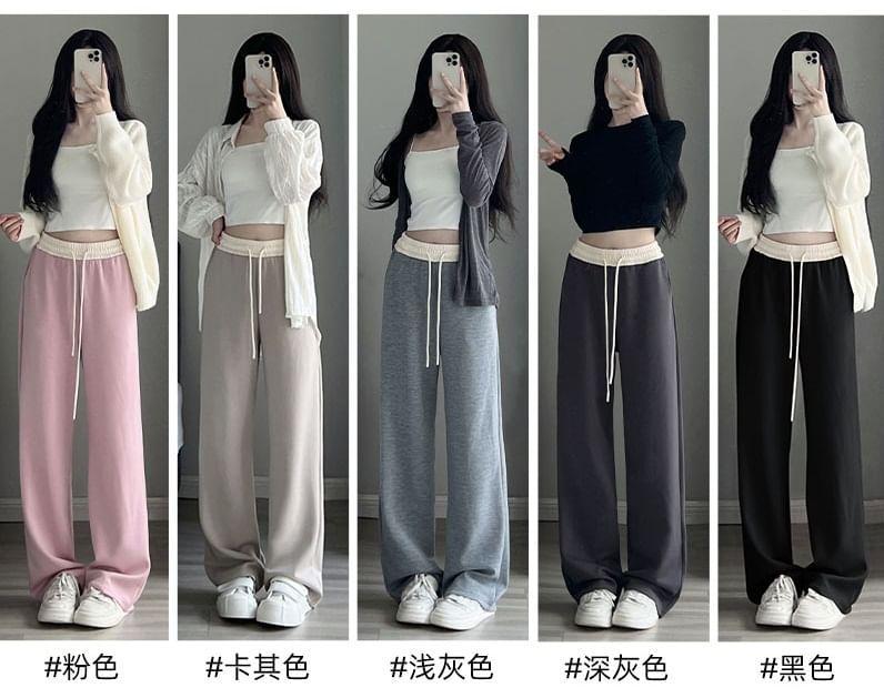 Paneled High Waist Drawstring Pocket Wide Leg Sweatpants Product Image