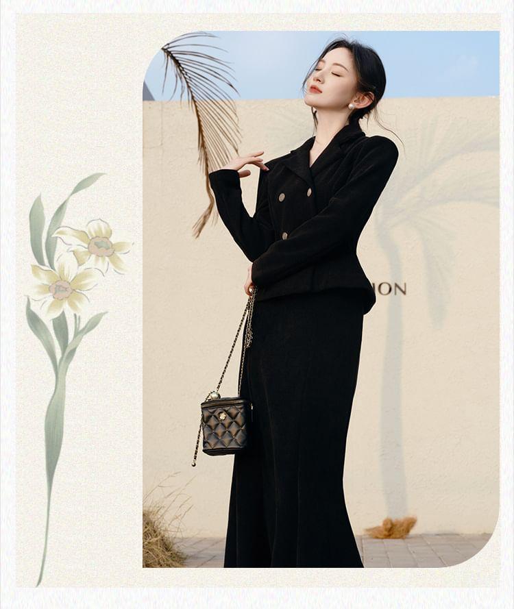 Lapel Collar Plain Double Breasted Crop Blazer / High Waist Plain Maxi Mermaid Skirt / Mini Skirt / Set Product Image