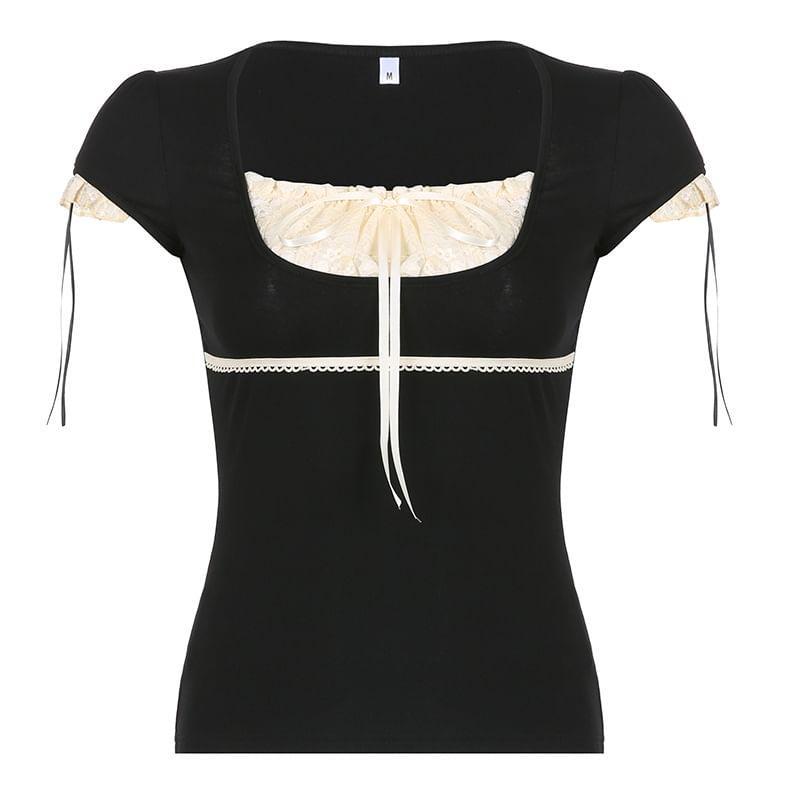Short Sleeve / Long Sleeve Mock Two Piece Lace-Panel Tie-Front Crop Top Product Image