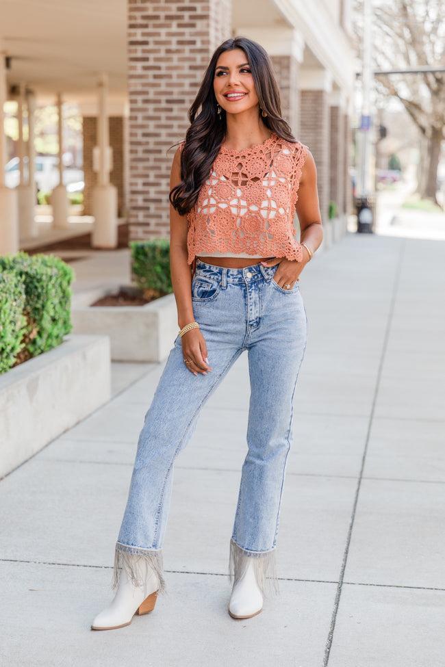 Miranda Light Wash Silver Fringe Straight Leg Jeans FINAL SALE Product Image