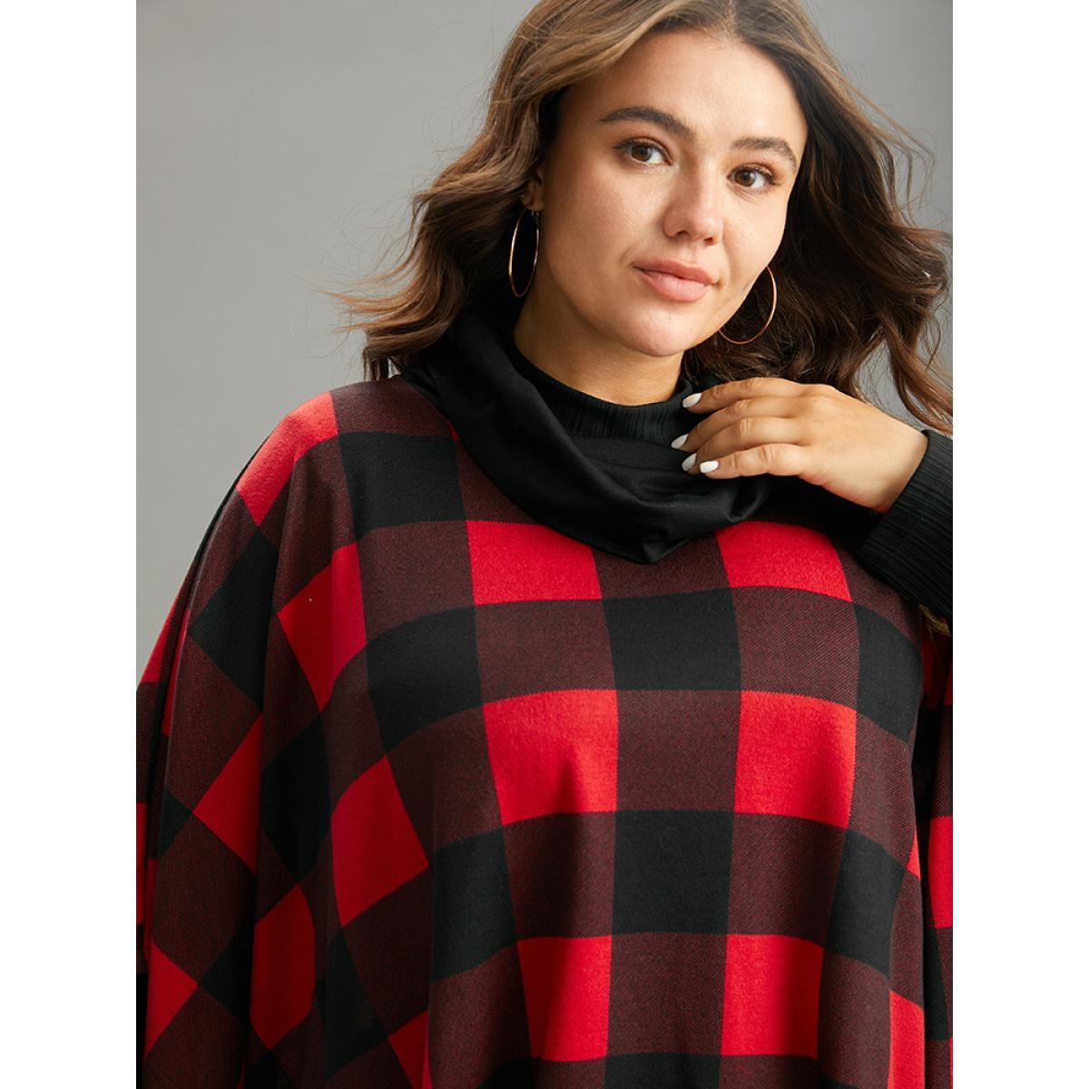 Plus Size Plaid Cowl Neck Dolman Sleeve Asymmetrical Hem Sweatshirt Women Red Casual Contrast Cowl Neck Festival-Christmas Sweatshirts BloomChic 14-16/1X Product Image