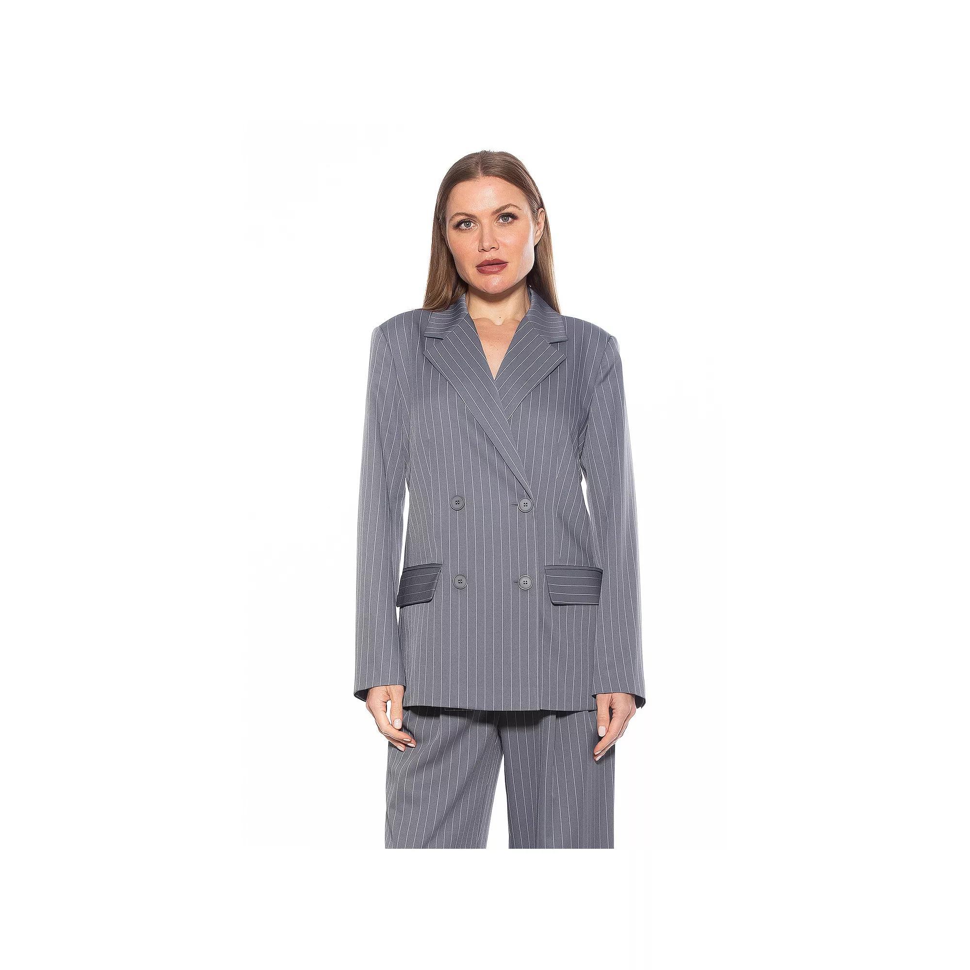 Women's ALEXIA ADMOR Indigo Oversized Double Breasted Jacket, Size: 4, Gray Stripe Product Image