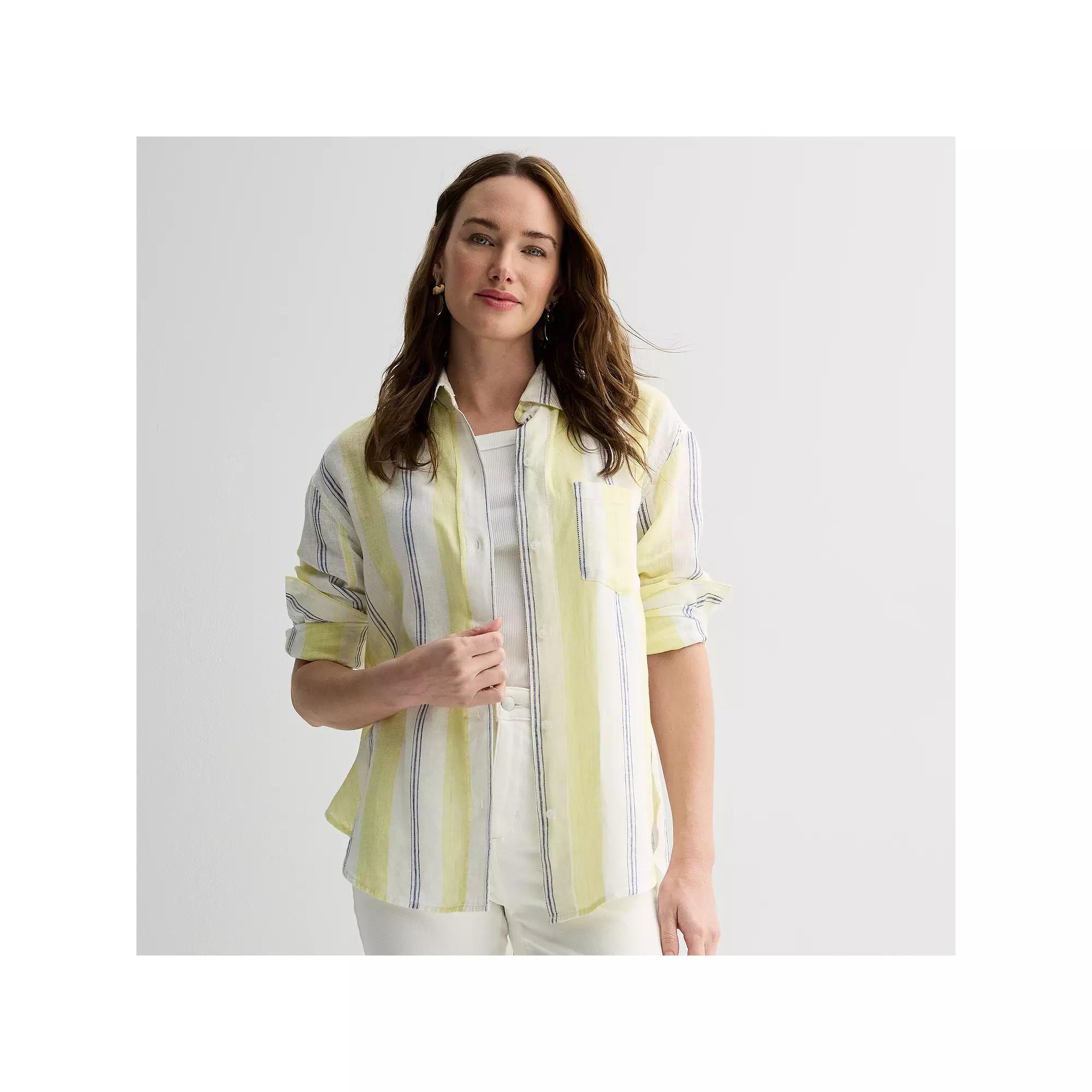 Women's Sonoma Goods For Life® Oversized Linen-Blend Boyfriend Shirt, Size: XL, Yellow Blue Stripe Product Image