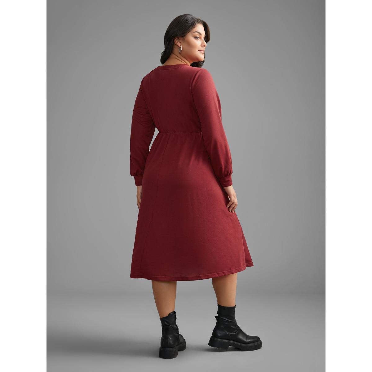 Plus Size Solid Round Neck Midi Knit Dress Burgundy Women Casual Non Knit Dresses Bloomchic 30/6X Product Image