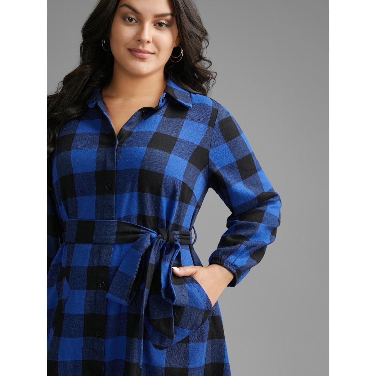 Plus Size Plaid Patch Pocket Belted Midi Dress DarkBlue Women Casual Belted Shirt collar Long Sleeve Curvy BloomChic 26/4X Product Image