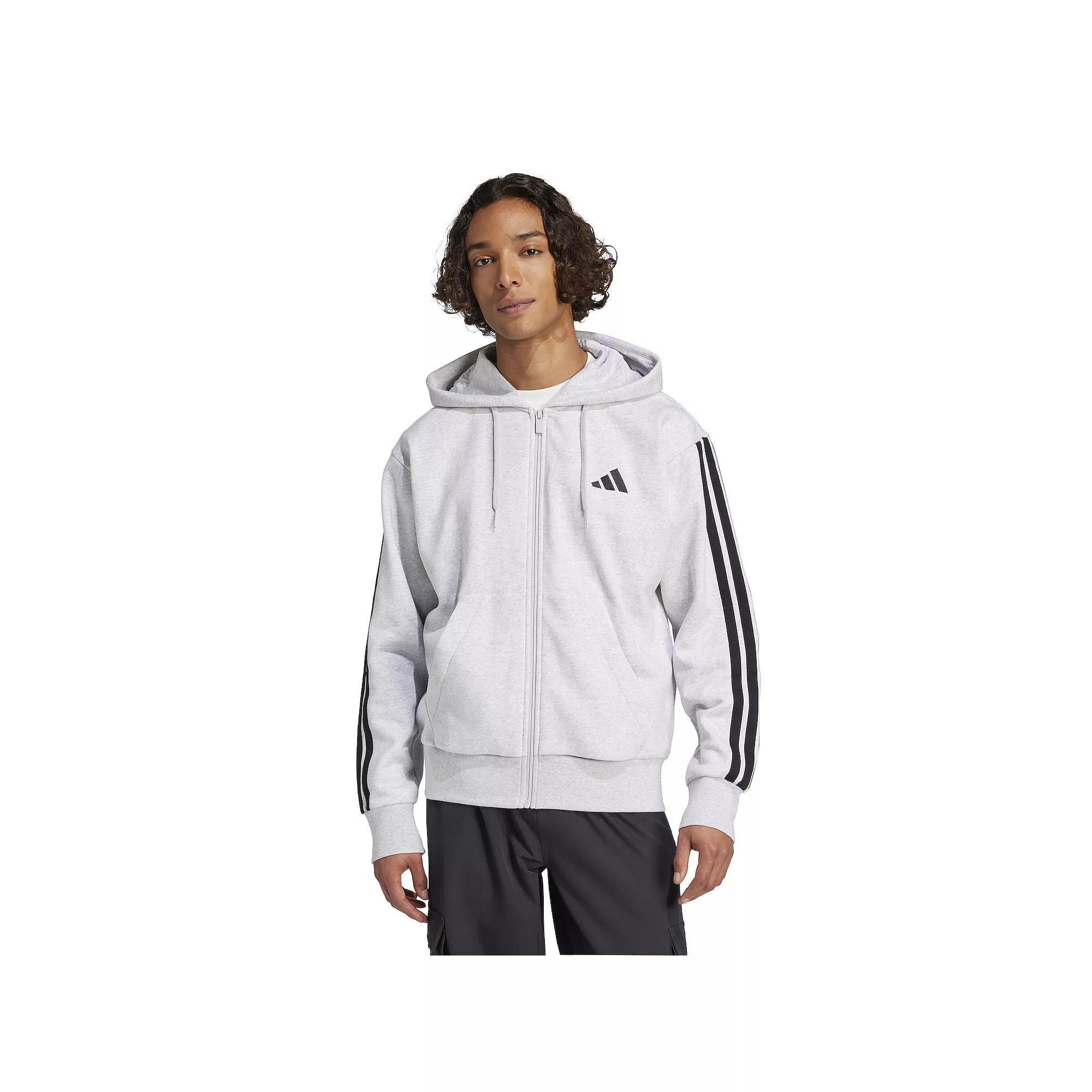Mens adidas Essentials 3-Stripes Fleece Sportswear Zip Front Hoodie Light Grey Grey Product Image