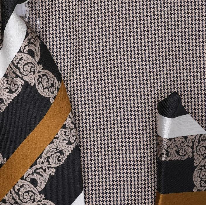 Black Beige French Cuff Mini-Houndstooth Dress Shirt Set with Tie and Handkerchief Product Image