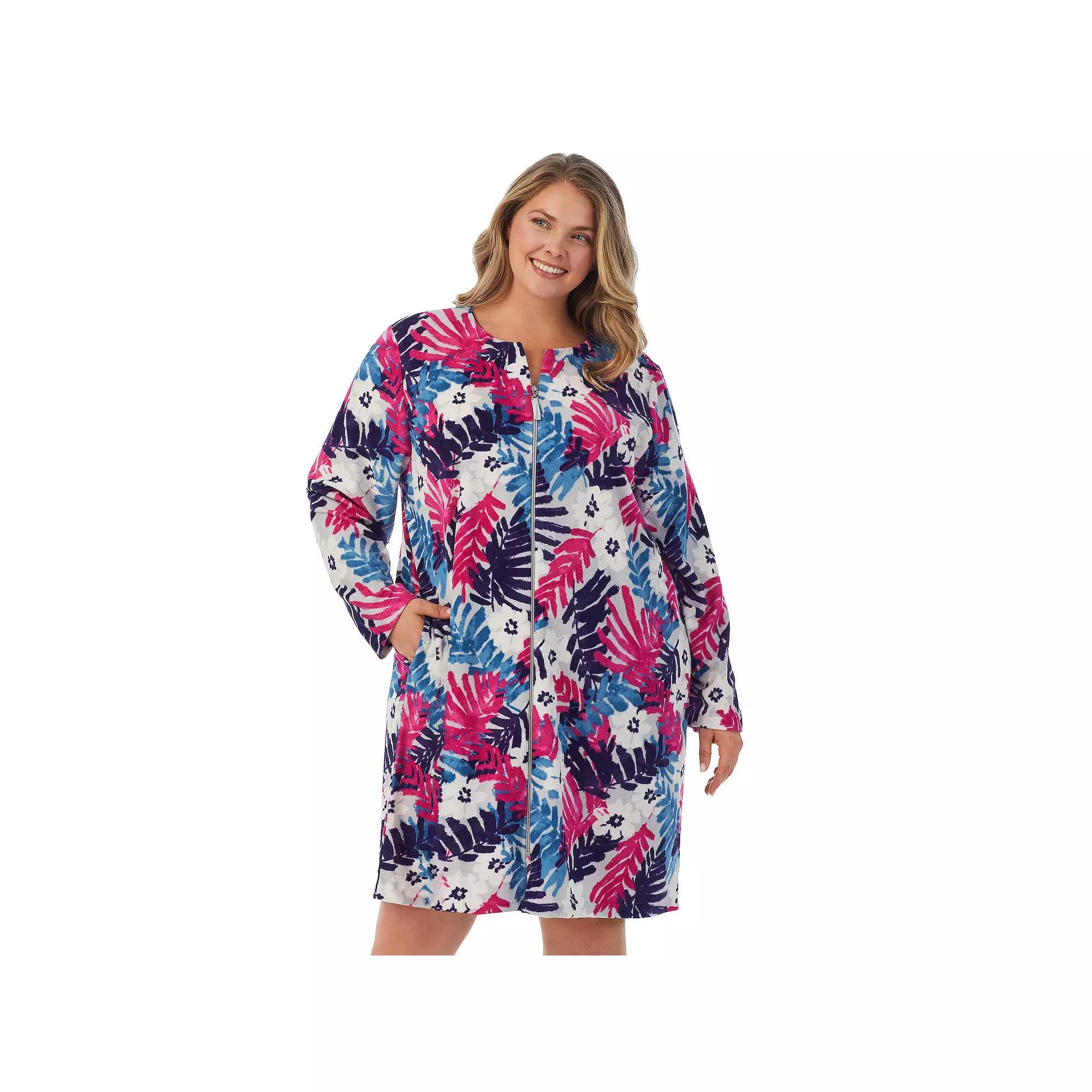 Plus Size Stan Herman Floral Vintage Terry Zip-Front Robe, Women's, Size: 2XL, Gray Palm Product Image