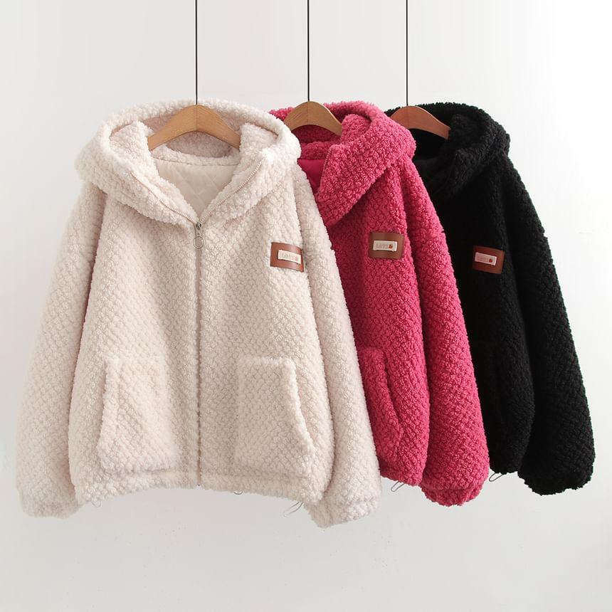 Label Applique Fluffy Zip Hoodie Product Image