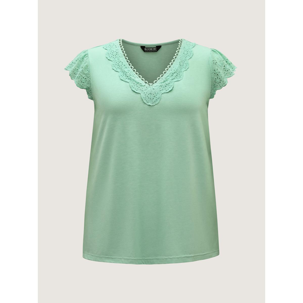 Plus Size Webbed Lace V-Neck Solid T-Shirt Mint Women Woven ribbon&lace trim V-neck Everyday-Elegant T-shirts BloomChic 12/L Product Image