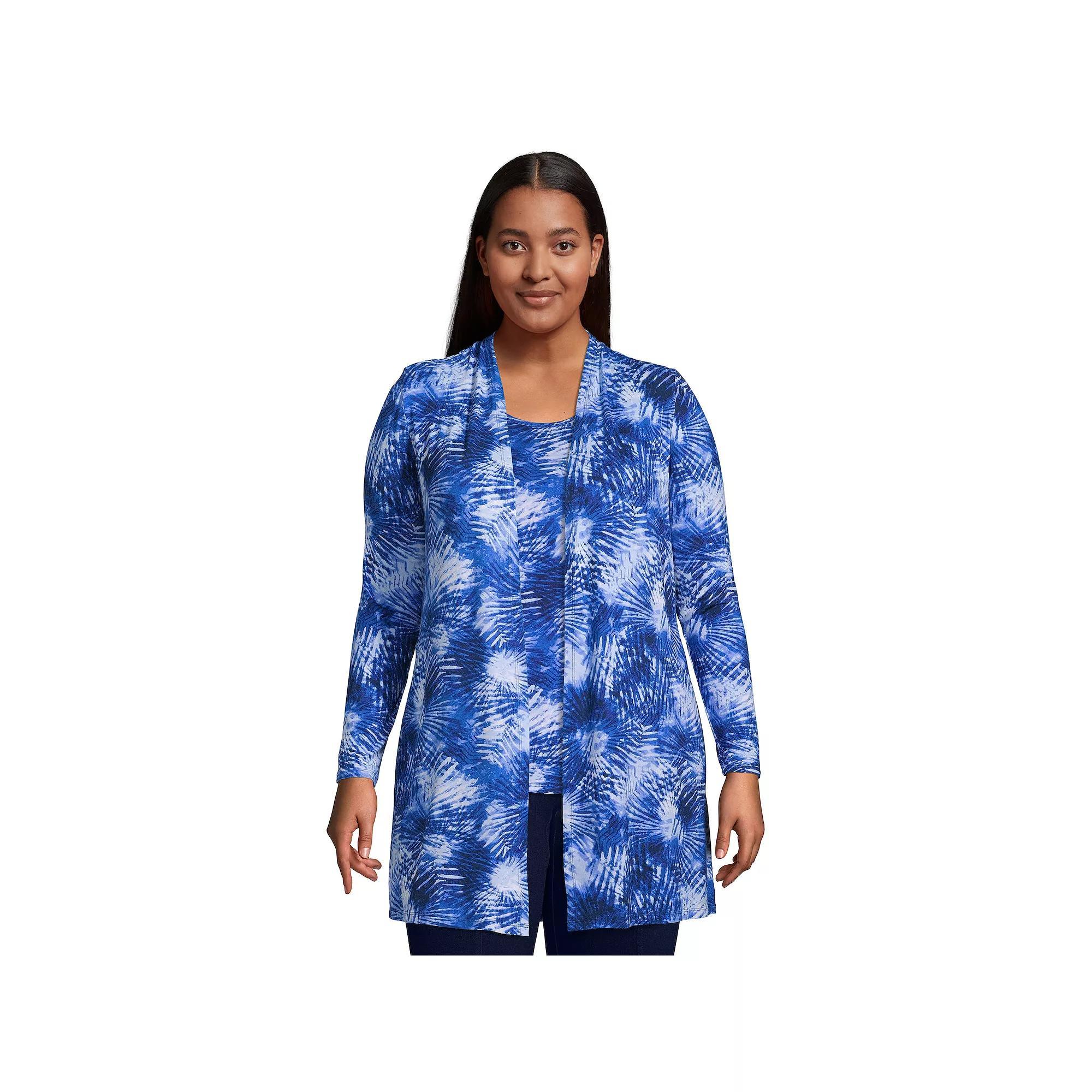 Plus Size Lands' End Lightweight Long Cardigan Sweater, Women's, Size: 1XL, Deep Blue Dye Palms Product Image