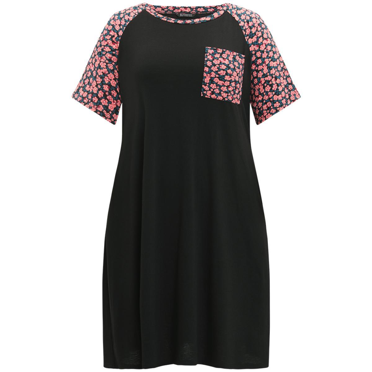Plus Size Supersoft Essentials Ditsy Floral Raglan Sleeve Patched Pocket Dress Black Women Casual Plain Round Neck Short sleeve Curvy Midi Dress BloomChic 14-16/1X Product Image