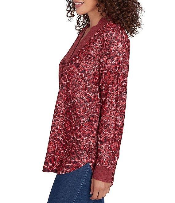 Ruby Rd. Knit Leopard Contrast Trim V-Neck Long Sleeve Top Product Image