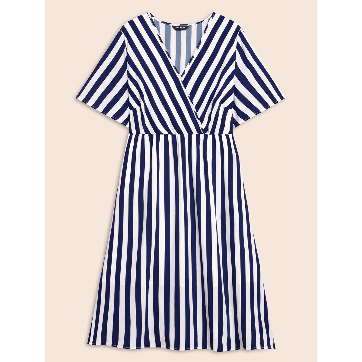Plus Size Striped Overlap Collar Ruffle Sleeve Midi Dress Indigo Women At the Office Non Overlap Collar Half Sleeve Curvy BloomChic 14-16/1X Product Image
