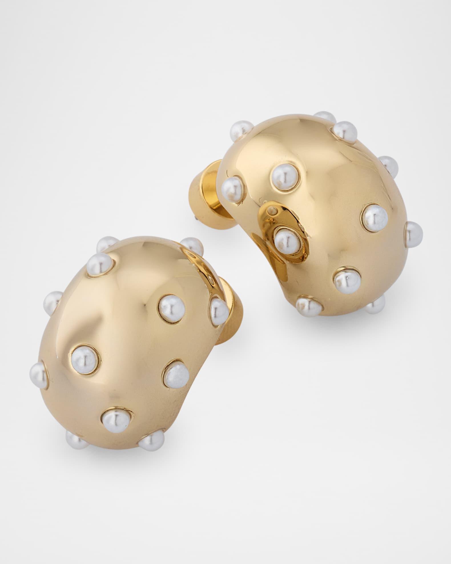 14K Yellow Gold Plated Pearly Huggie Hoop Earrings Product Image