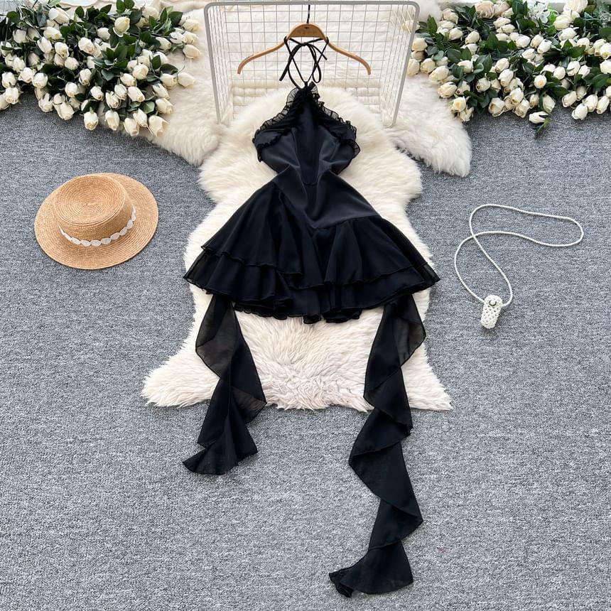 Halter Neck Plain Asymmetrical Frill Trim Layered Open Back Mini A-Line Dress Product Image