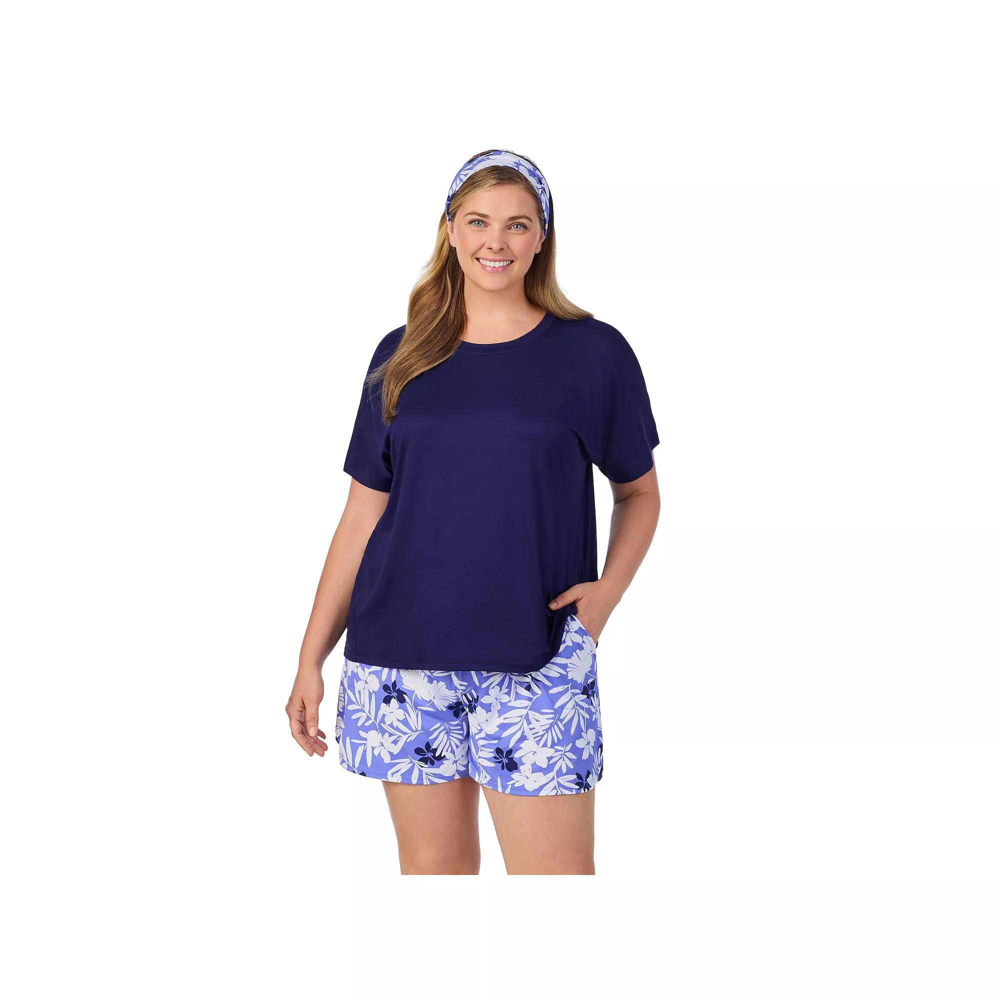 Plus Size Cuddl Duds® Short Sleeve Pajama Top & Pajama Shorts Set with Matching Headband, Women's, Size: 3XL, Purple Mono Floral Product Image