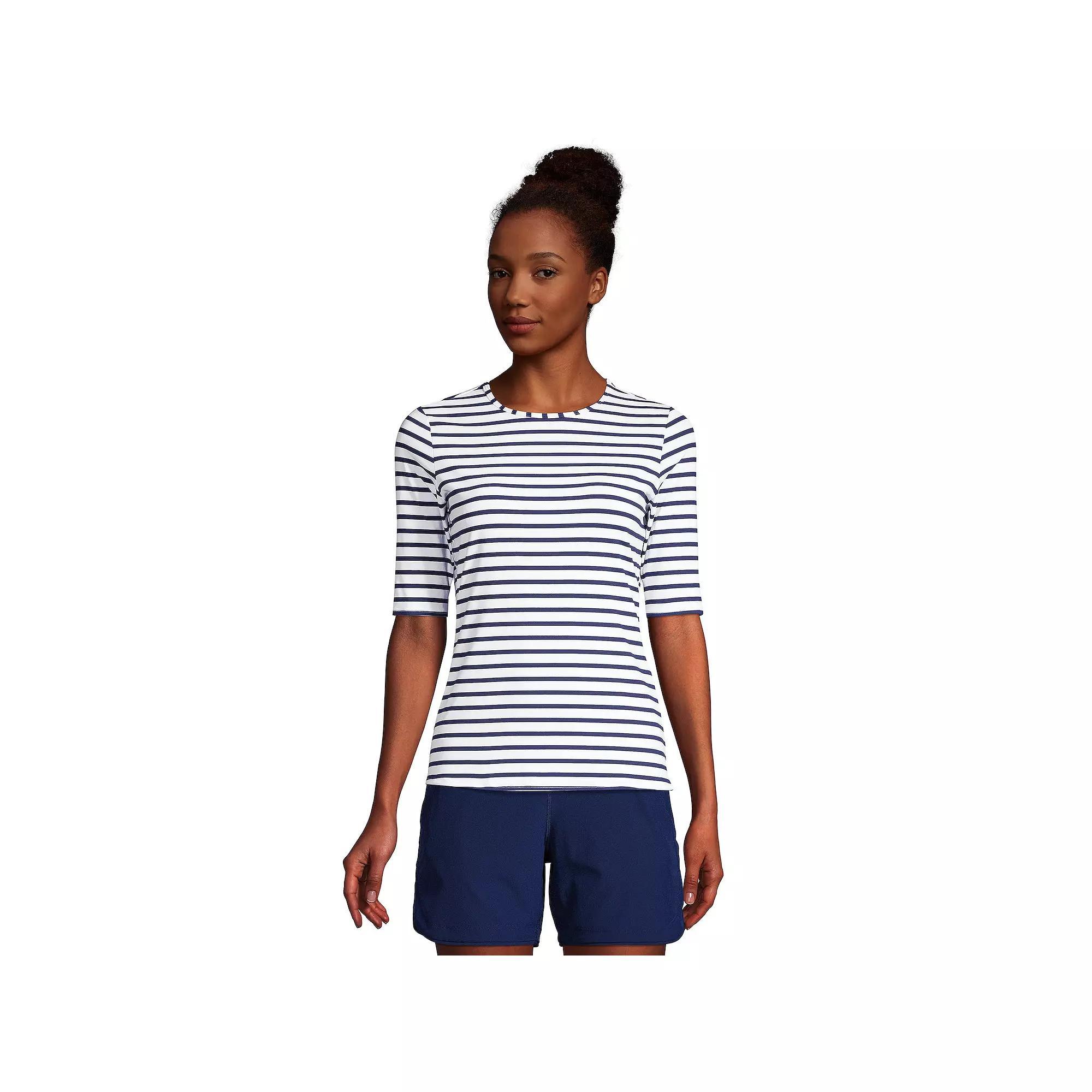 Petite Lands' End UPF 50 Elbow-Sleeve Rash Guard Swim Tee, Women's, Size: XS Petite, White Navy Stripe Product Image