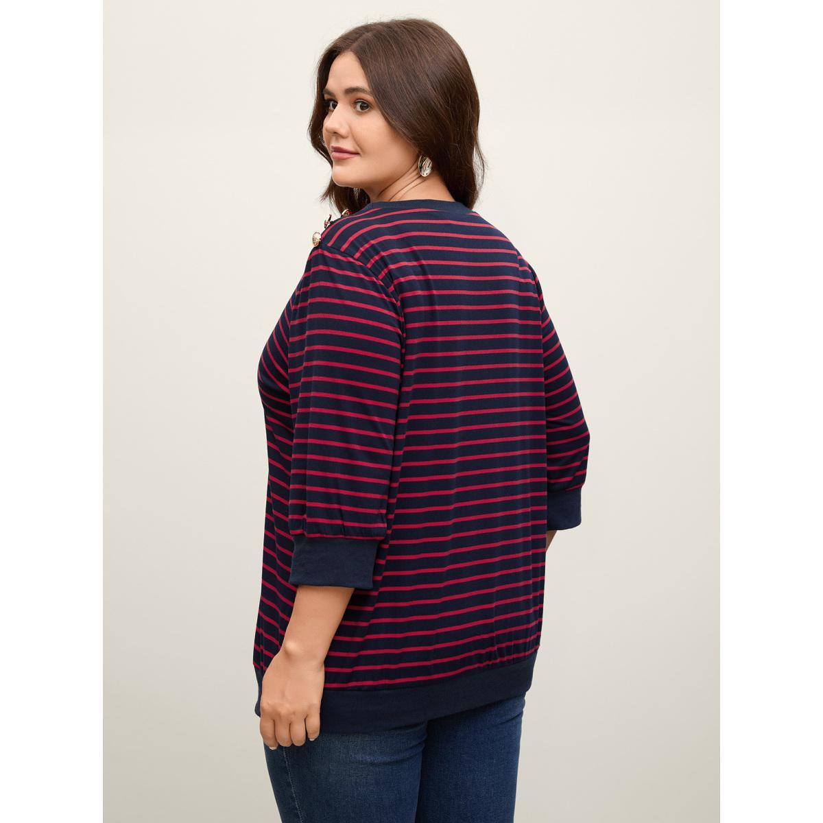 Plus Size Striped Three-Quarter Sleeve Sweatshirt Women Indigo Contrast Round Neck Work Sweatshirts BloomChic 10/M Product Image