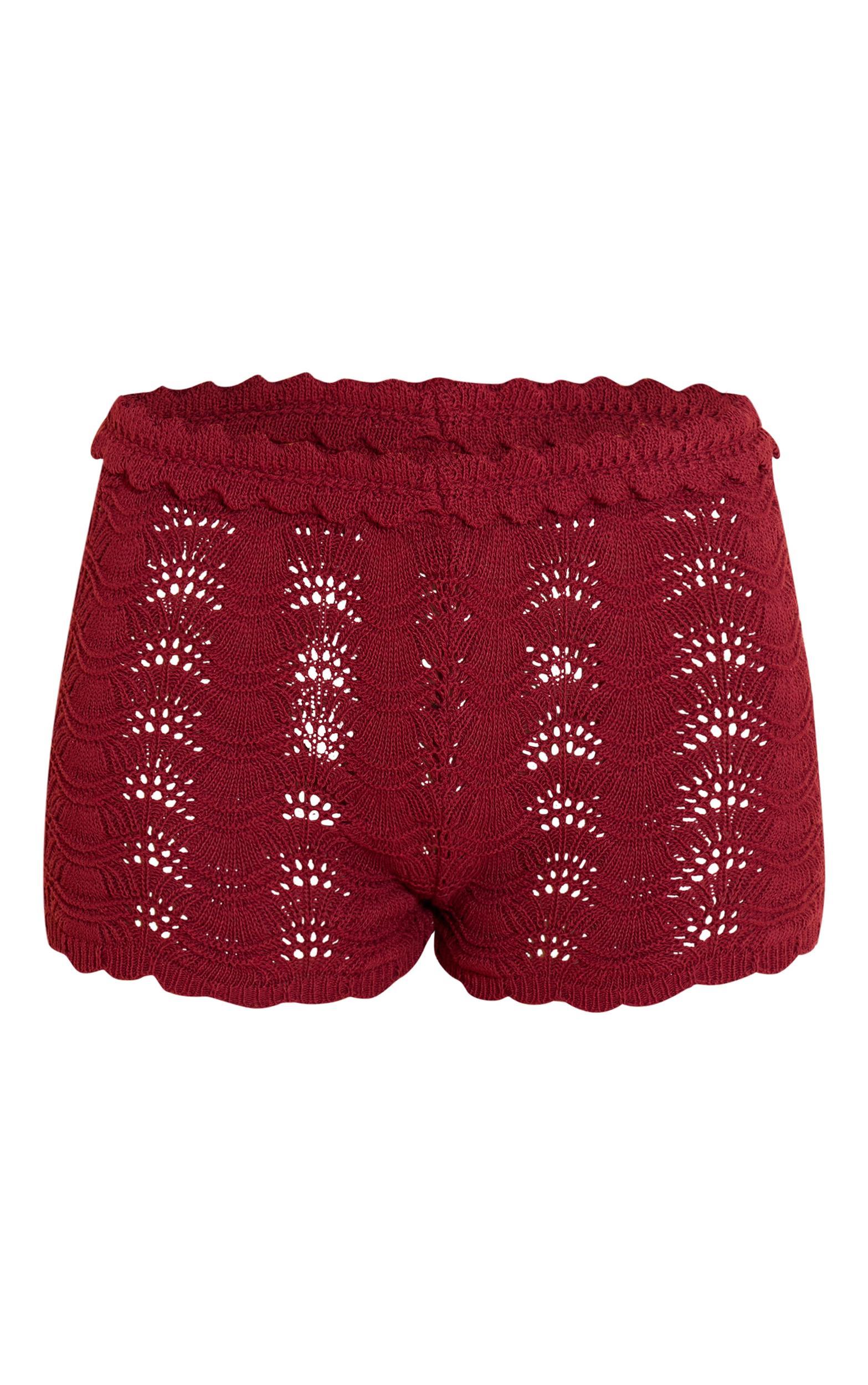 Burgundy Waistband Detail Crochet Mini Shorts Product Image