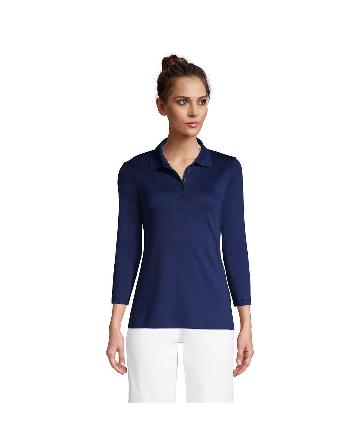 Petite Lands End Supima Cotton 3/4 Sleeve Polo Shirt, Womens Deep Blue Product Image