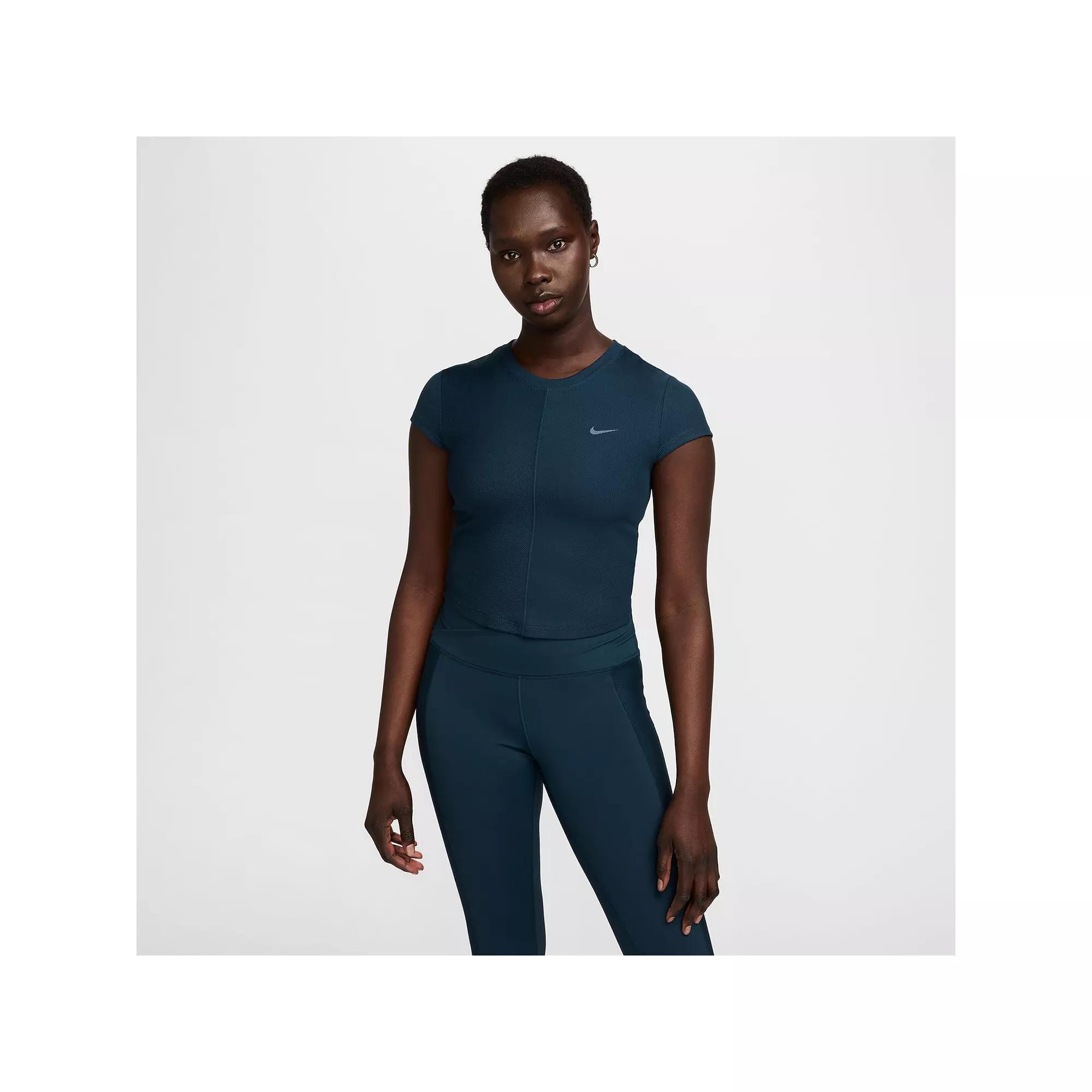 Women's Nike One Ribbed Short Sleeve Top, Size: Large, Blue Product Image
