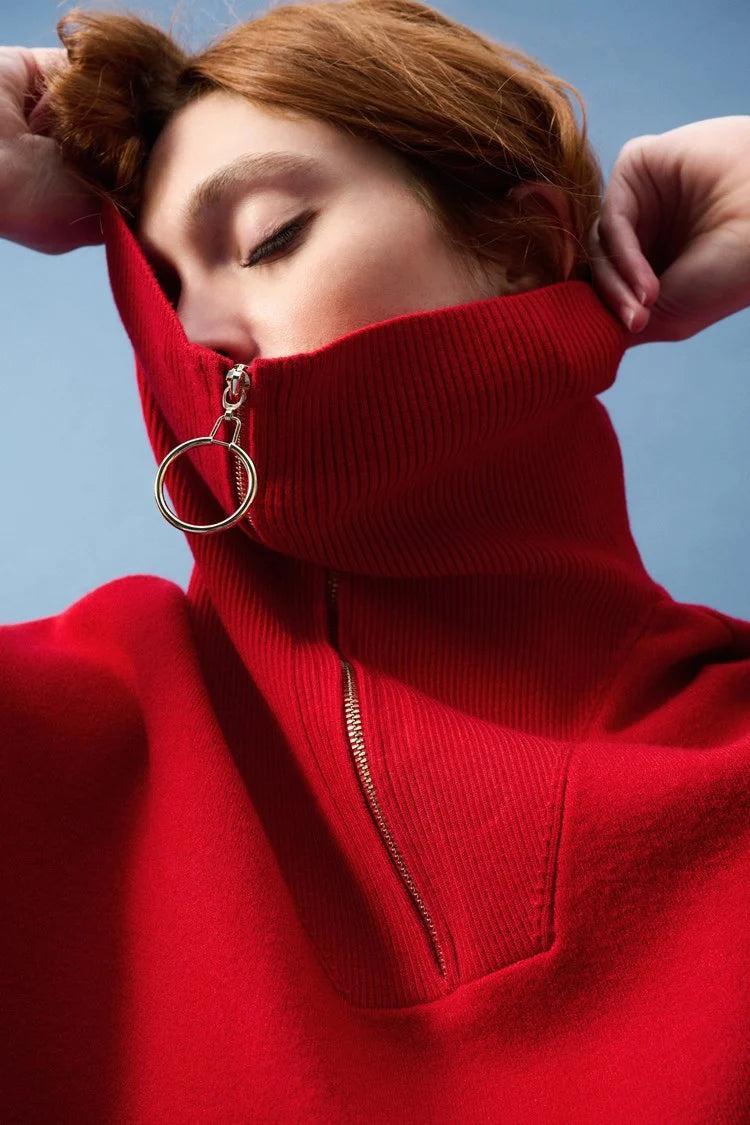 Jacquard Zipped Collar Sweater - Lipstick Red Product Image