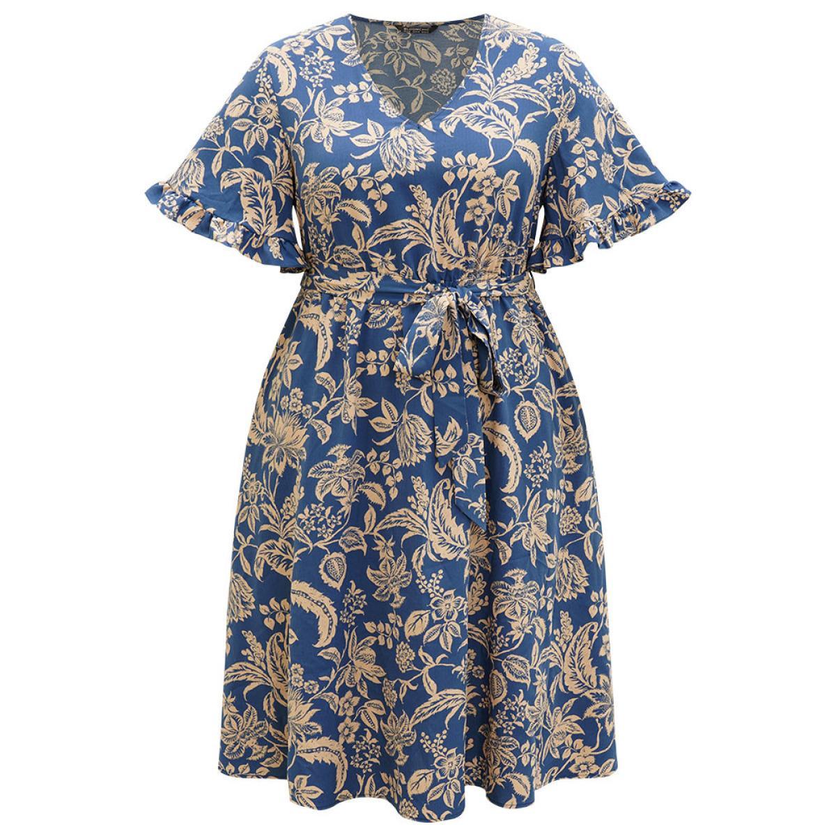 Plus Size Silhouette Floral Print Belted Flutter Trim Dress DarkBlue Women Vacation Gathered V-neck Short sleeve Curvy Midi Dress BloomChic 12/L Product Image