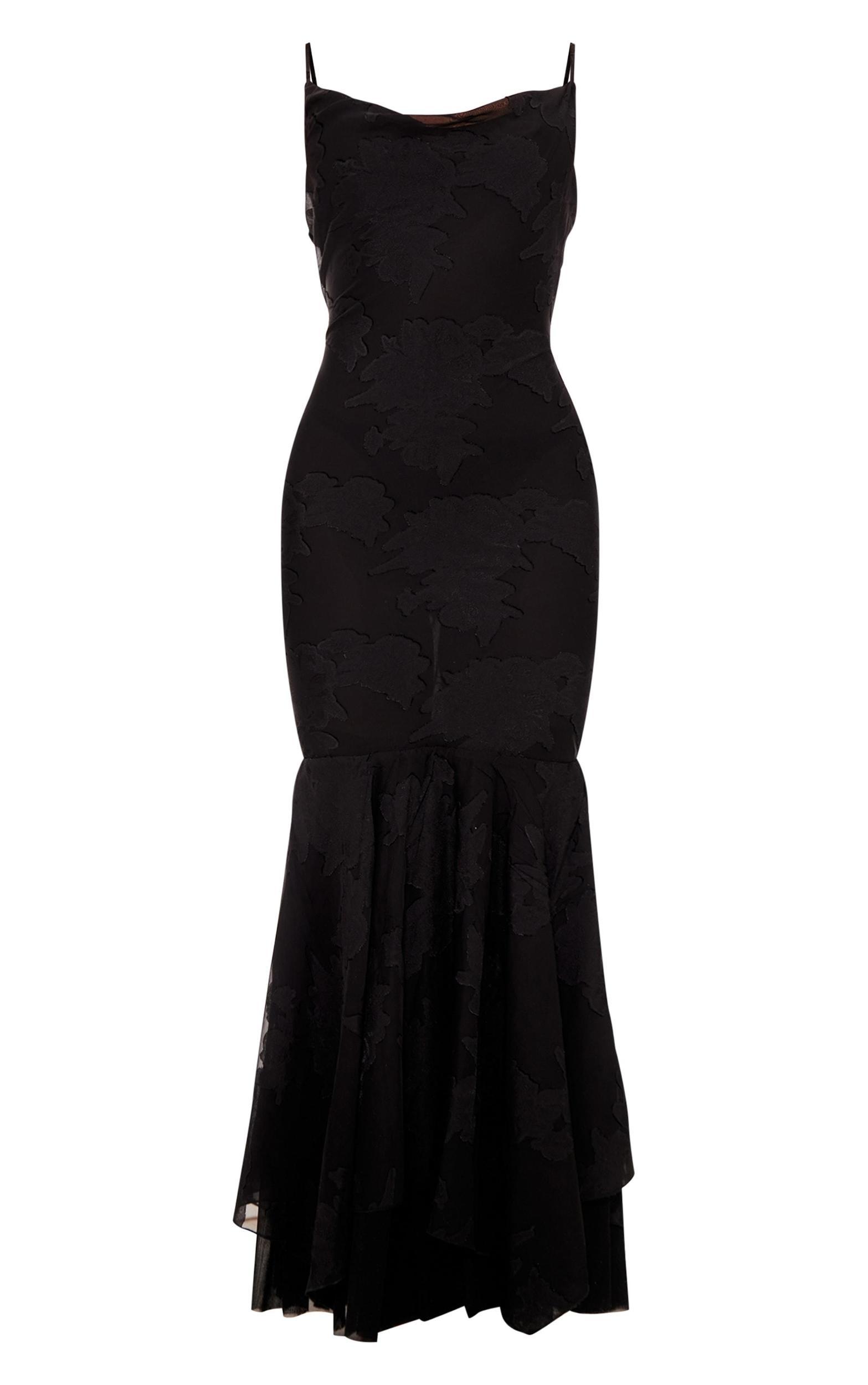Black Floral Devoure Cowl Neck Frill Hem Maxi Dress Product Image