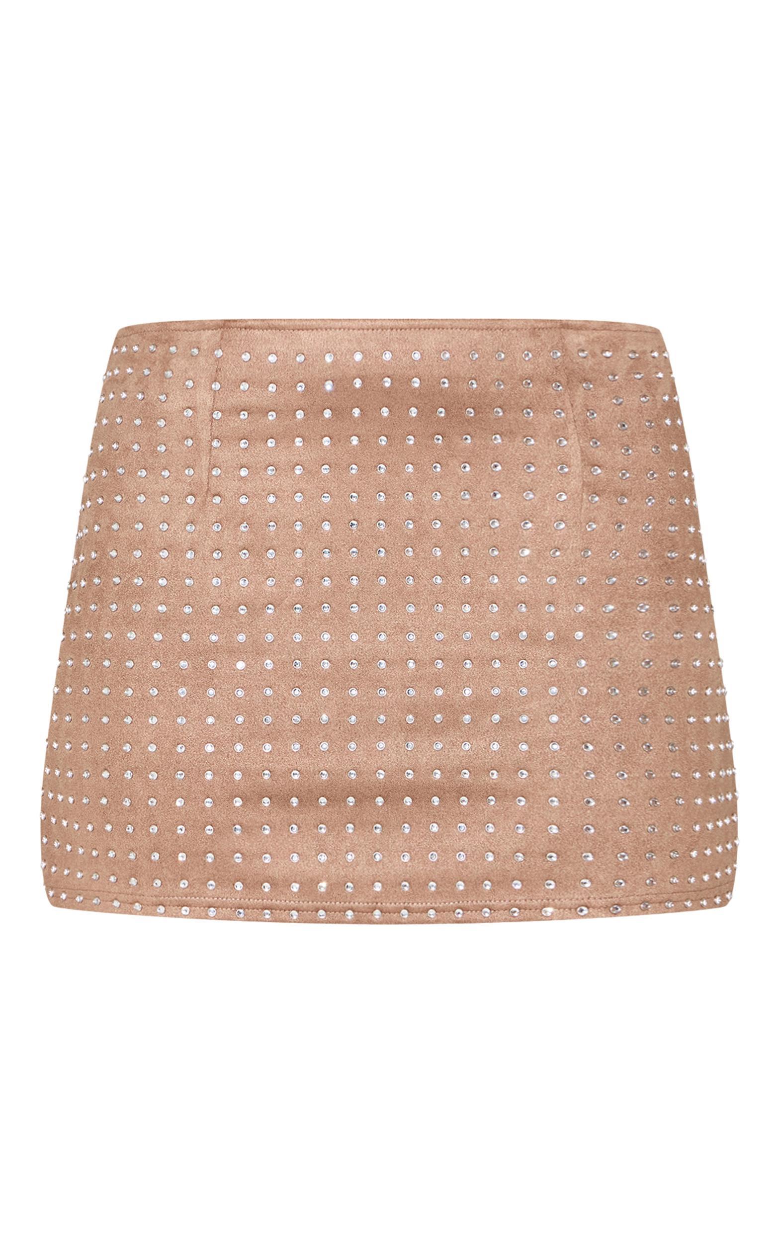 Taupe Suede Diamante Mini Skirt Product Image
