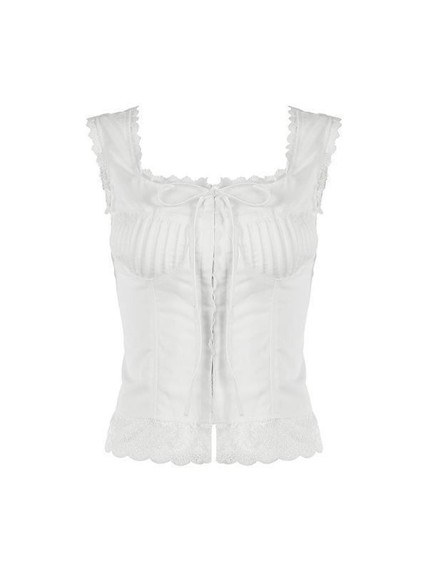 Square Neck Lace Stitching Bowknot Slim Tank Top Product Image