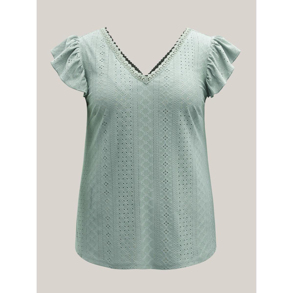 Plus Size Eyelet Trim Flutter Sleeve Backless T-Shirt Greenbean Women Woven ribbon&lace trim V-neck Everyday-Casual T-shirts BloomChic 12/L Product Image