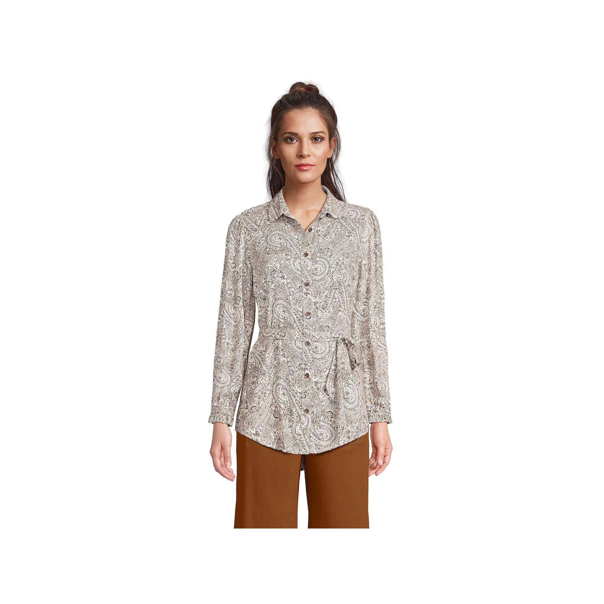 Women's Lands' End Tie Waist Shirt, Size: Medium, Tawny Brown Paisley Product Image