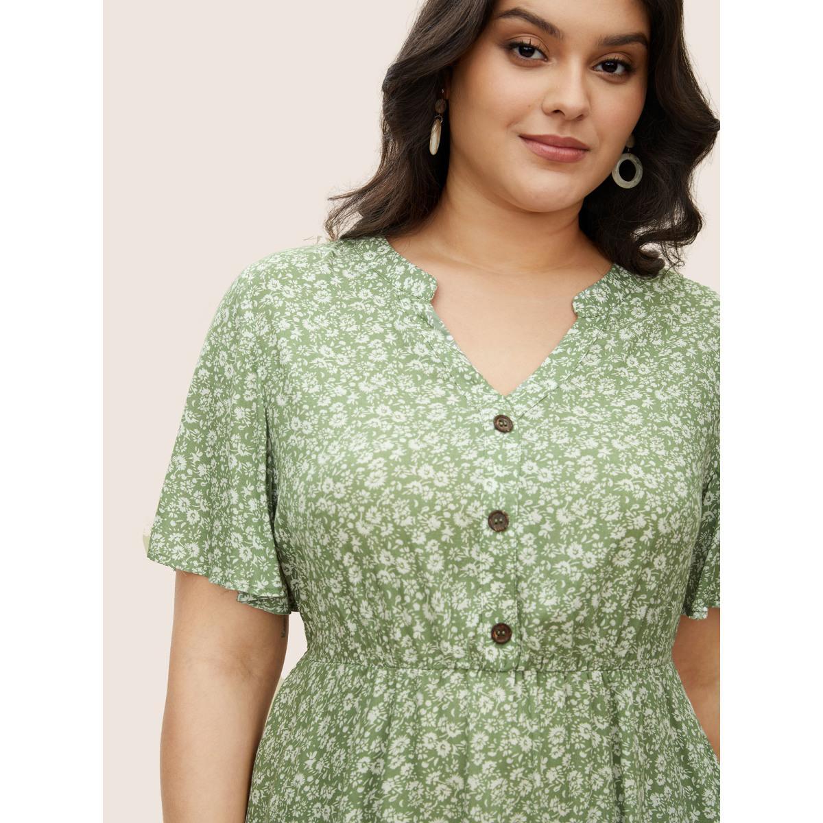 Plus Size Mint Ditsy Floral Notched Button Detail Blouse Women Elegant Short sleeve V-neck Everyday Blouses BloomChic 14-16/1X Product Image