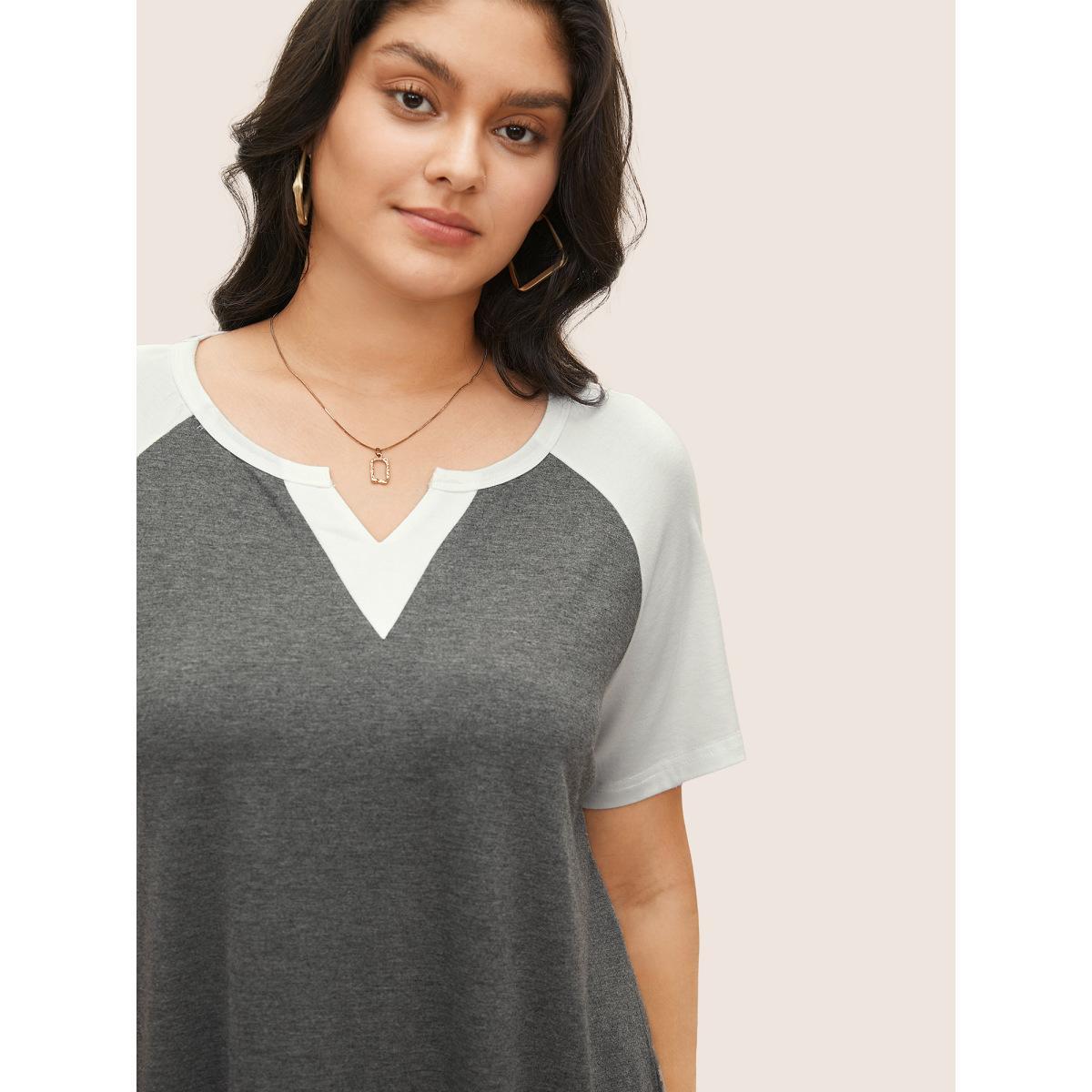 Plus Size Colorblock Contrast Notched Raglan Sleeve T-shirt DimGray Women Casual Plain Everyday T-shirts BloomChic 18-20/2X Product Image